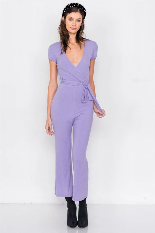 Lavender Purple Ribbed Casual Maxi V-Neck Jumpsuit - Tasha Apparel Wholesale