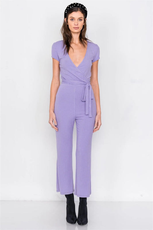 Lavender Purple Ribbed Casual Maxi V-Neck One-Piece - Tasha Apparel Wholesale