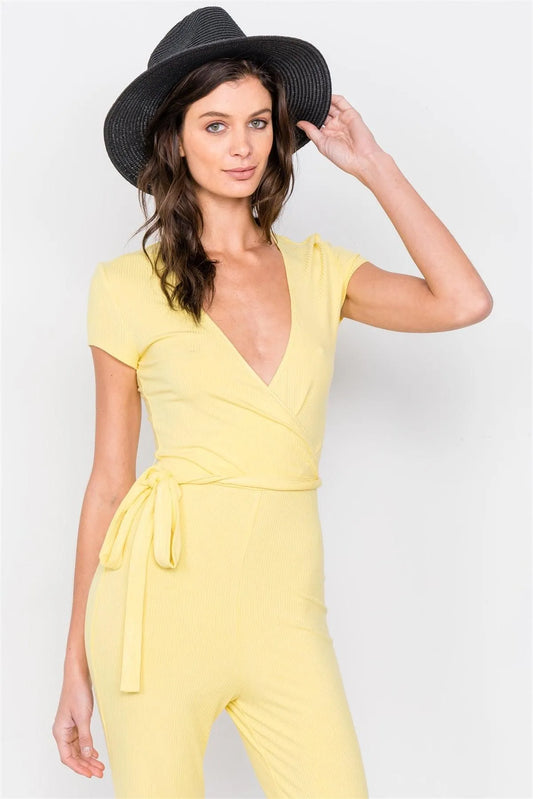 Lemon Yellow Ribbed Casual Maxi V-Neck Jumpsuit - Tasha Apparel Wholesale
