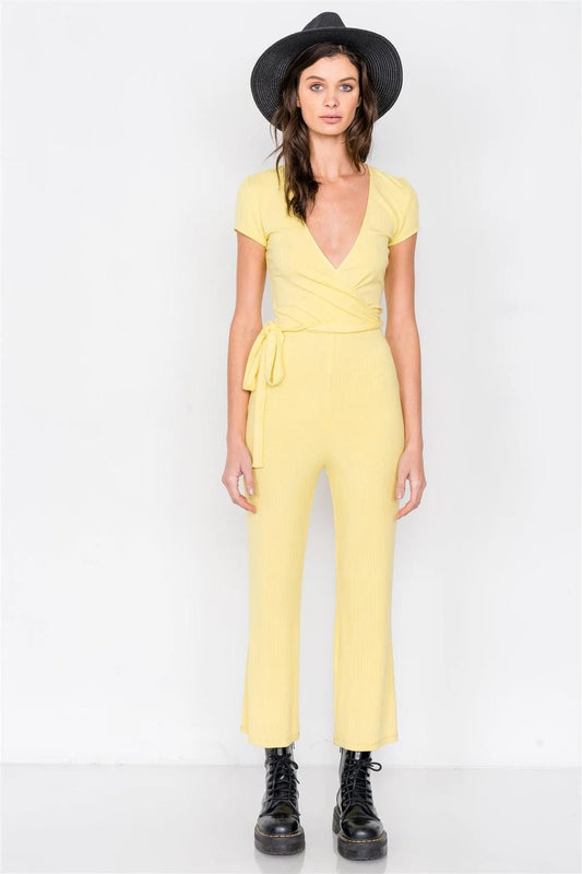 Lemon Yellow Ribbed Casual Maxi V-Neck One-Piece - Tasha Apparel Wholesale