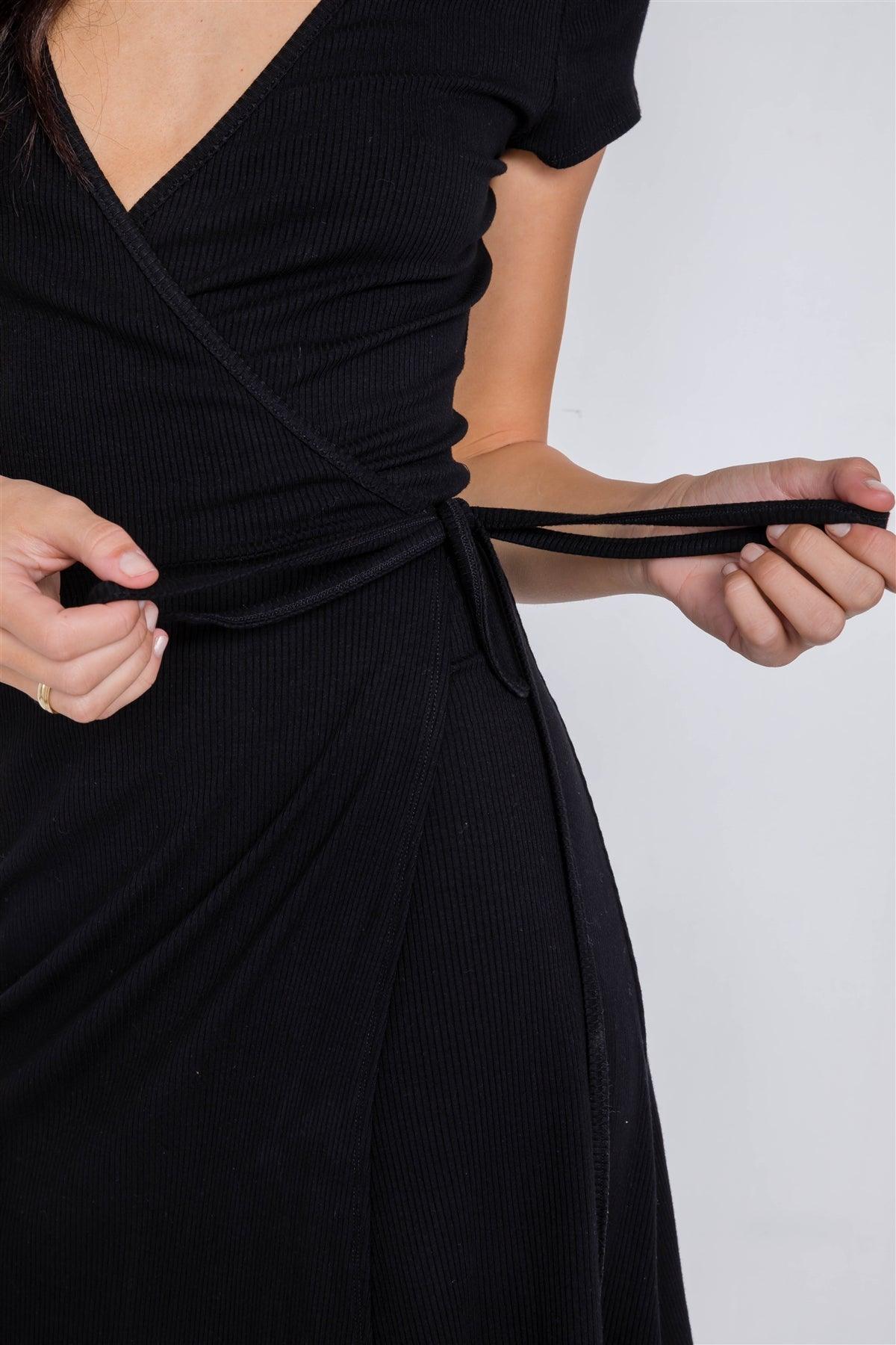 Black Cotton Ribbed V-Neck Casual Wrap Mini Dress /2-1-1