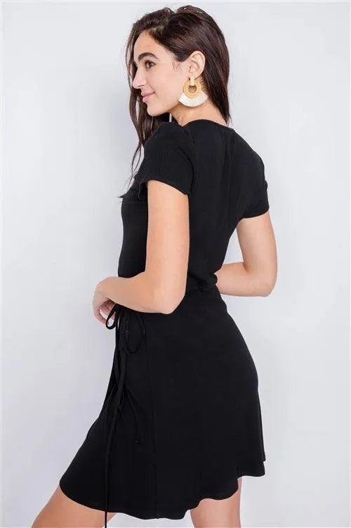 Black Cotton Ribbed V-Neck Casual Wrap Mini Dress /3-2-1 Black Cotton Ribbed V-Neck Casual Wrap Mini Dress /3-2-1