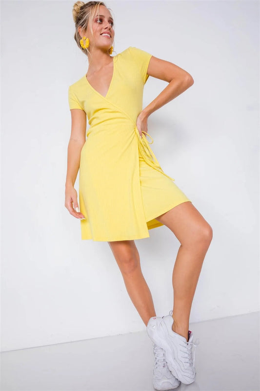 Yellow Cotton Ribbed V-Neck Casual Wrap Mini Dress /3-2-1 - Tasha Apparel Wholesale