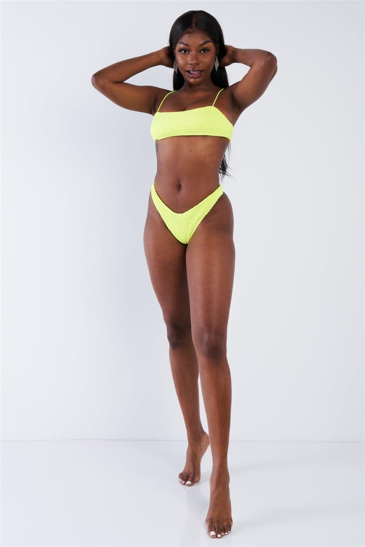 Neon Yellow Square Neck Cami & V-Cut High Thigh Bikini Set /3-2-1