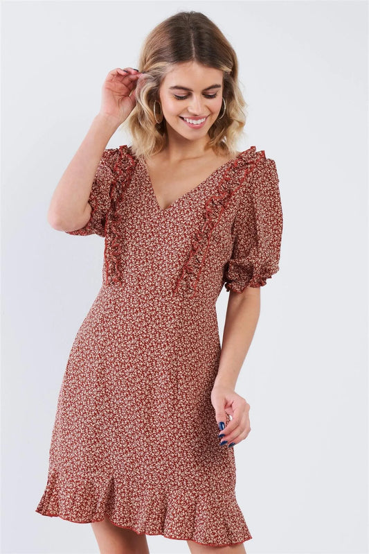 Brick Red Floral Flounce V-Neck Puff Sleeve Mini Boho Dress /3-2-1 - Tasha Apparel Wholesale