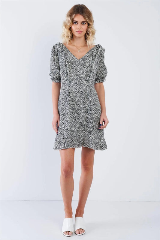 Ivory Floral Flounce V-Neck Puff Sleeve Mini Boho Dress /3-2-1 - Tasha Apparel Wholesale