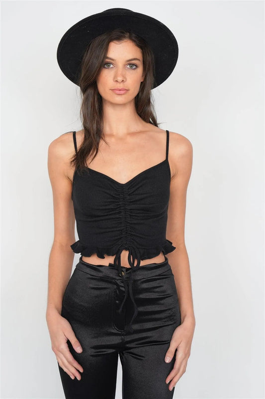 Black Ribbed Draw String V-Neck Flounce Hem Crop Top /3-2-1 - Tasha Apparel Wholesale