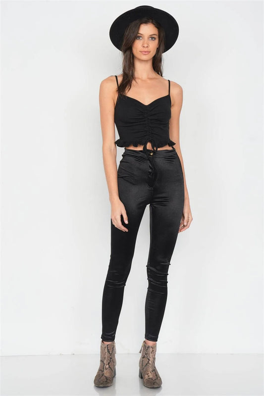 Black Ribbed Draw String V-Neck Flounce Hem Crop Top /4-2-1 - Tasha Apparel Wholesale