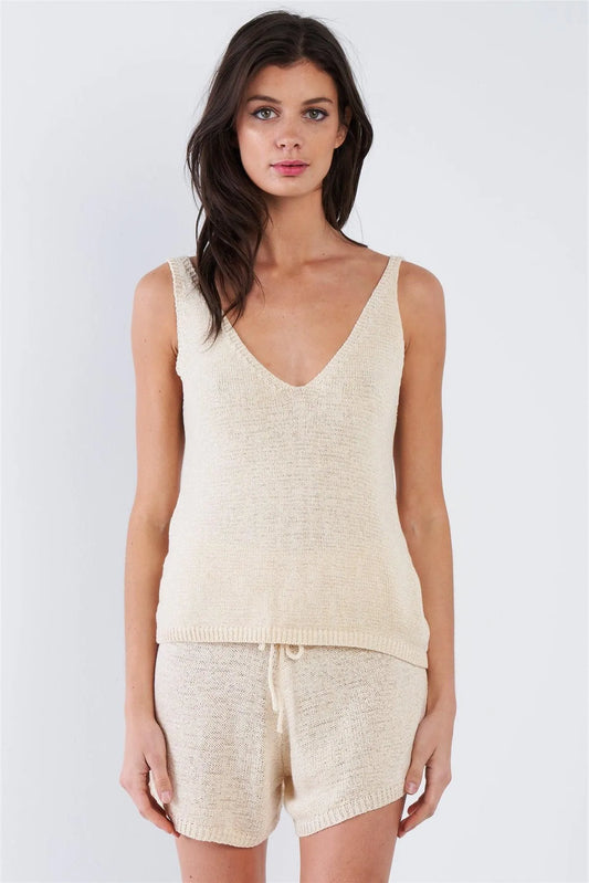 Ivory Knit Relaxed Fit Tank Top & Draw String Semi-Sheer Short Set /2-2-1 - Tasha Apparel Wholesale