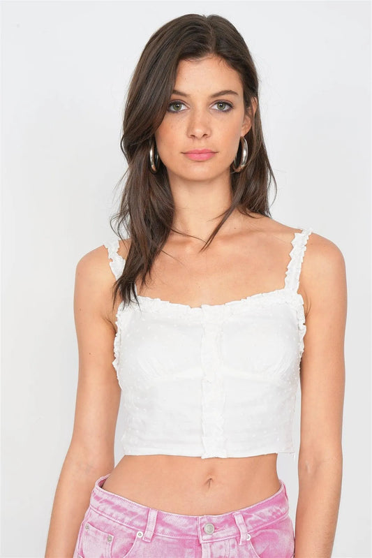 Off-White Embroidered Knot Frill Trim Crop Tank Top /3-2-1 - Tasha Apparel Wholesale