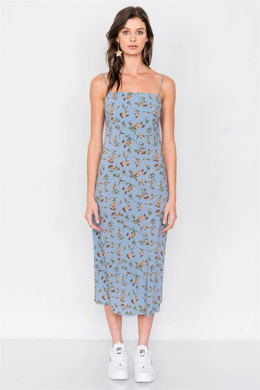 Sky Blue Open Back Boho Floral Print Midi Dress /3-2-1 - Tasha Apparel Wholesale
