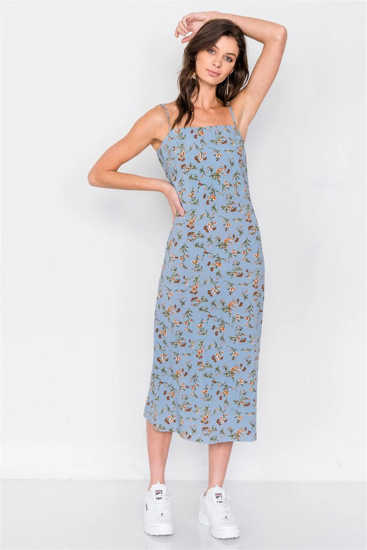 Sky Blue Open Back Boho Floral Print Midi Dress /4-2-1 - Tasha Apparel Wholesale
