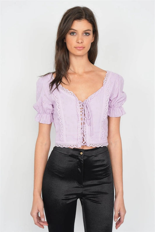Lavender Eyelet V-Neck Lace Up Puff Sleeve Boho Crop Top /1-1-1 - Tasha Apparel Wholesale