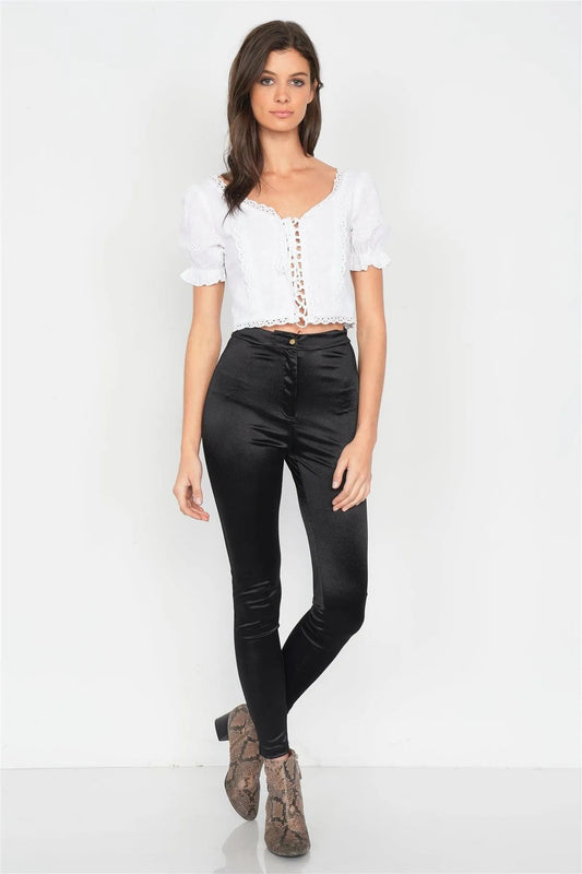 Off-White Eyelet V-Neck Lace Up Puff Sleeve Boho Crop Top /1-1-1 - Tasha Apparel Wholesale