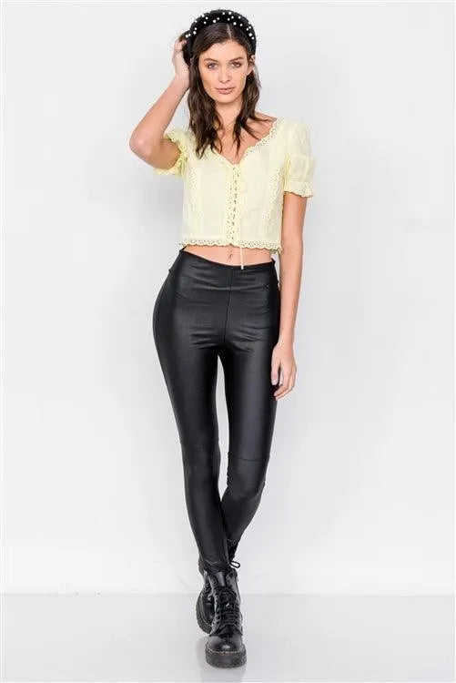 Yellow Eyelet V-Neck Lace Up Puff Sleeve Boho Crop Top /2-1-1 - Tasha Apparel Wholesale