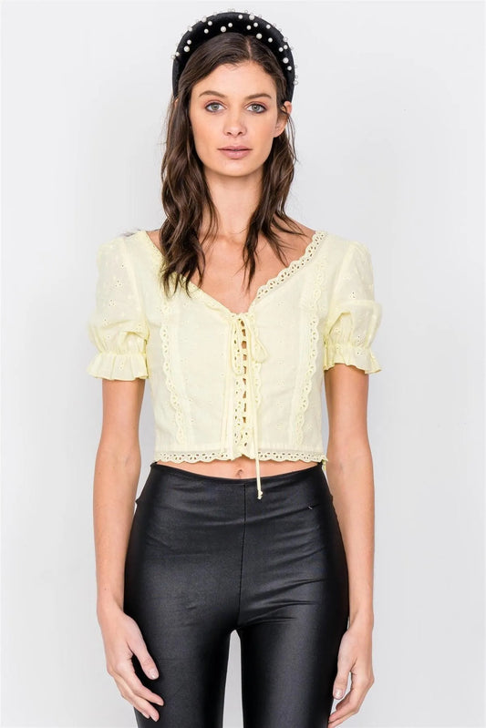 Yellow Eyelet V-Neck Lace Up Puff Sleeve Boho Crop Top /3-2-1 - Tasha Apparel Wholesale