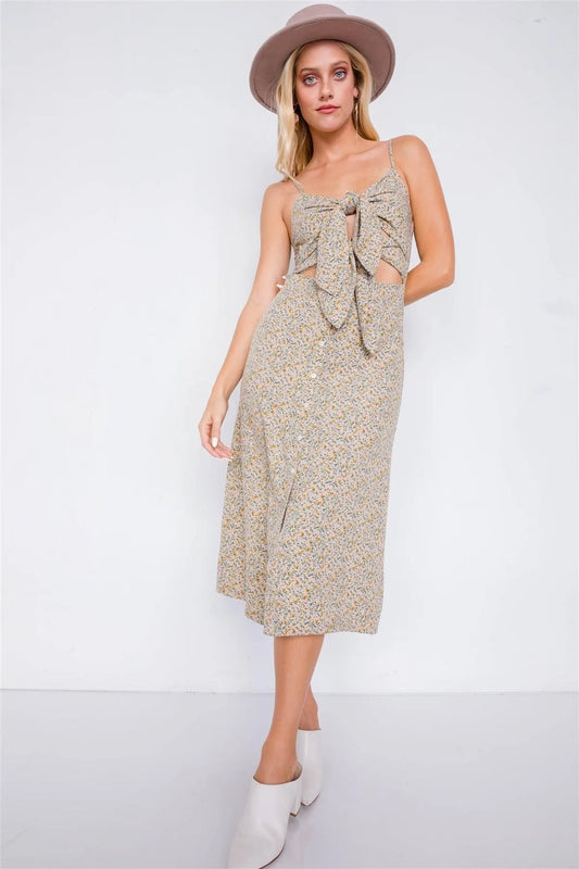 Beige Minimalist Floral Print Center Cut Out Chic Midi Dress /3-2-1 - Tasha Apparel Wholesale
