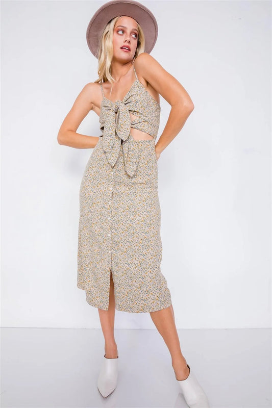 Beige Minimalist Floral Print Center Cut Out Chic Midi Dress /4-2-1 - Tasha Apparel Wholesale