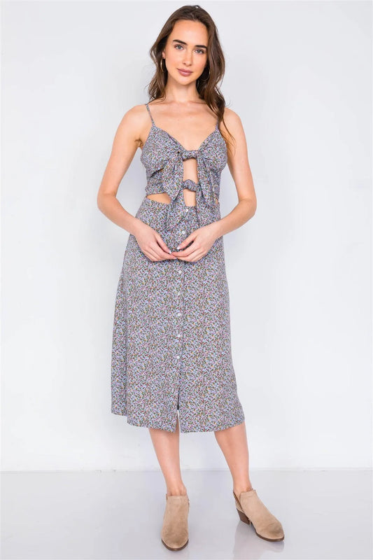 Sky Minimalist Floral Print Center Cut Out Chic Midi Dress /3-2-1 - Tasha Apparel Wholesale
