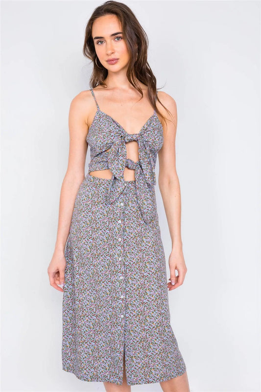 Sky Minimalist Floral Print Center Cut Out Chic Midi Dress /4-2-1 - Tasha Apparel Wholesale