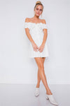 Vintage Off-White Linen Off-The-Shoulder Frill Trim Cap Sleeve Mini Dress /1-1-1