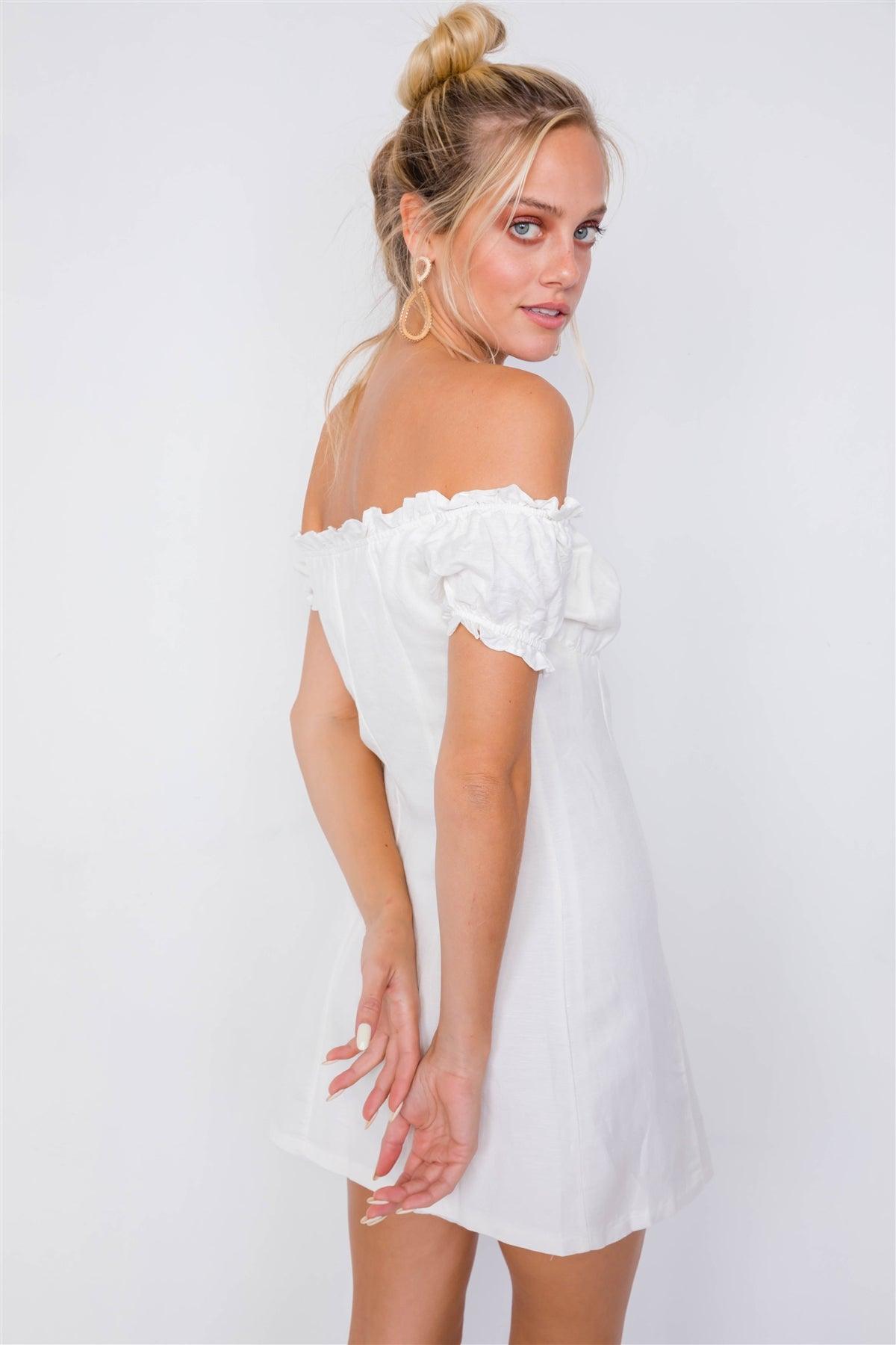 Vintage Off-White Linen Off-The-Shoulder Frill Trim Cap Sleeve Mini Dress /1-1-1