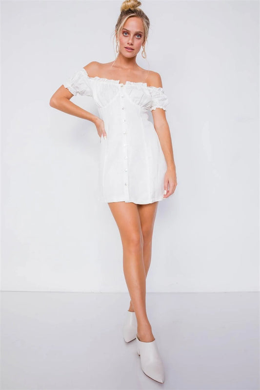 Vintage Off-White Linen Off-The-Shoulder Frill Trim Cap Sleeve Mini Dress /3-2-1 - Tasha Apparel Wholesale
