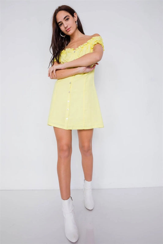 Vintage Yellow Linen Off-The-Shoulder Frill Trim Cap Sleeve Mini Dress /3-2-1 - Tasha Apparel Wholesale