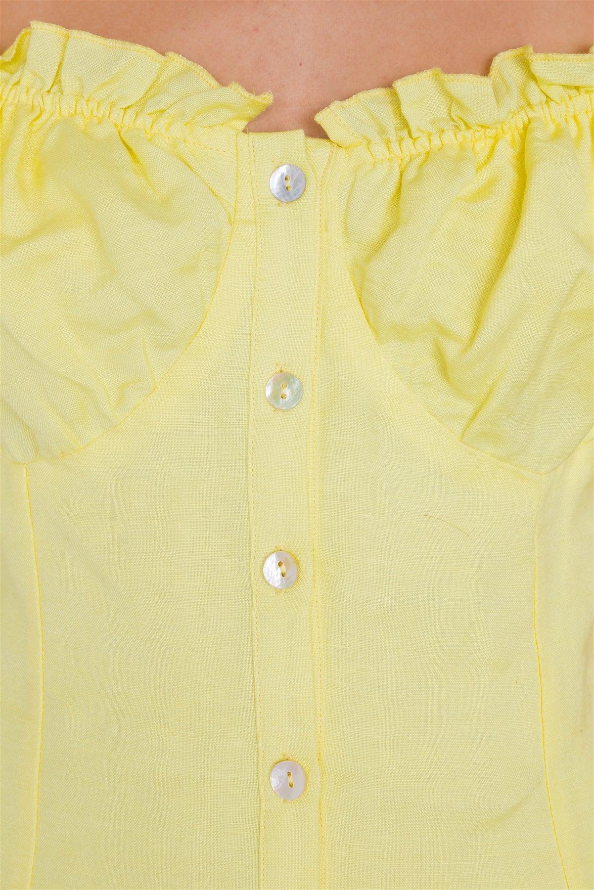 Vintage Yellow Linen Off-The-Shoulder Frill Trim Cap Sleeve Mini Dress /3-2-1