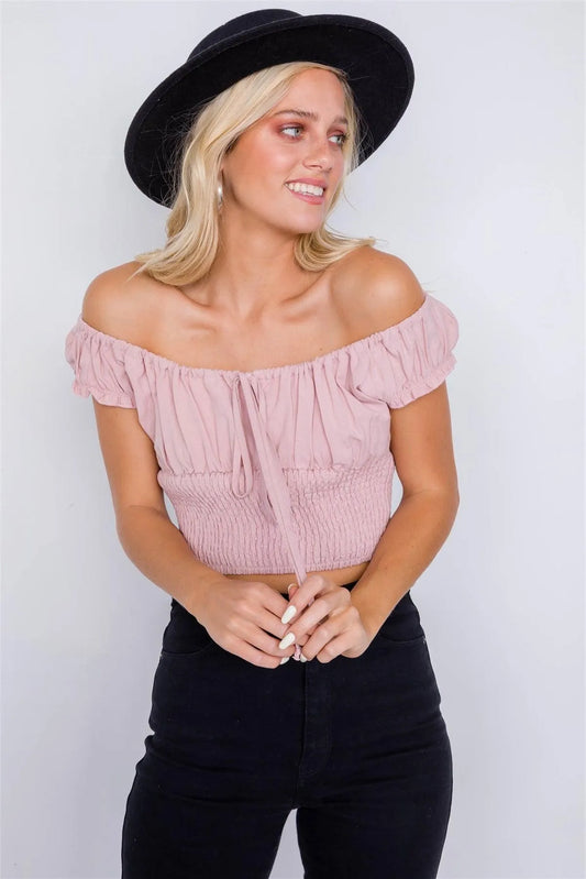 Dusty Rose Mixed Linen Smocked Off-The-Shoulder Crop Top /3-2-1 - Tasha Apparel Wholesale