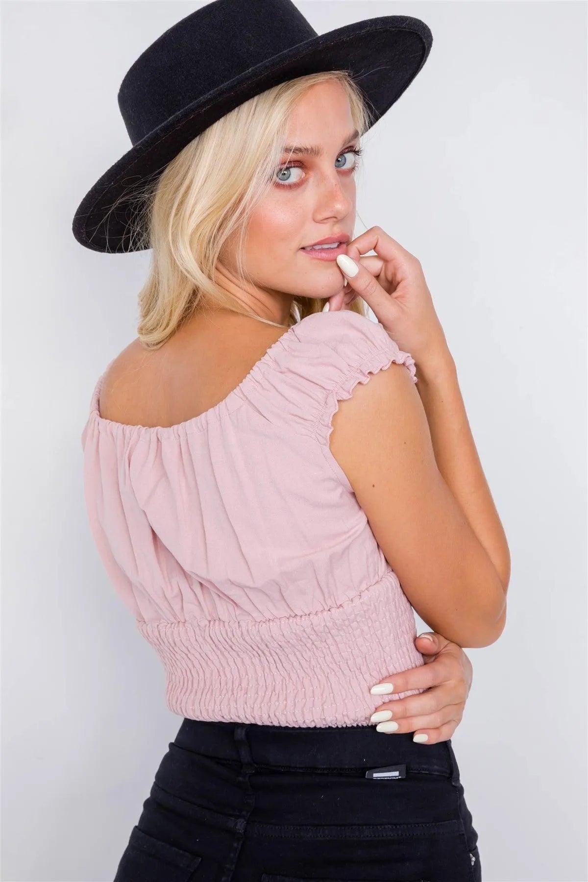 Dusty Rose Mixed Linen Smocked Off-The-Shoulder Crop Top /3-2-1 - Tasha Apparel Wholesale