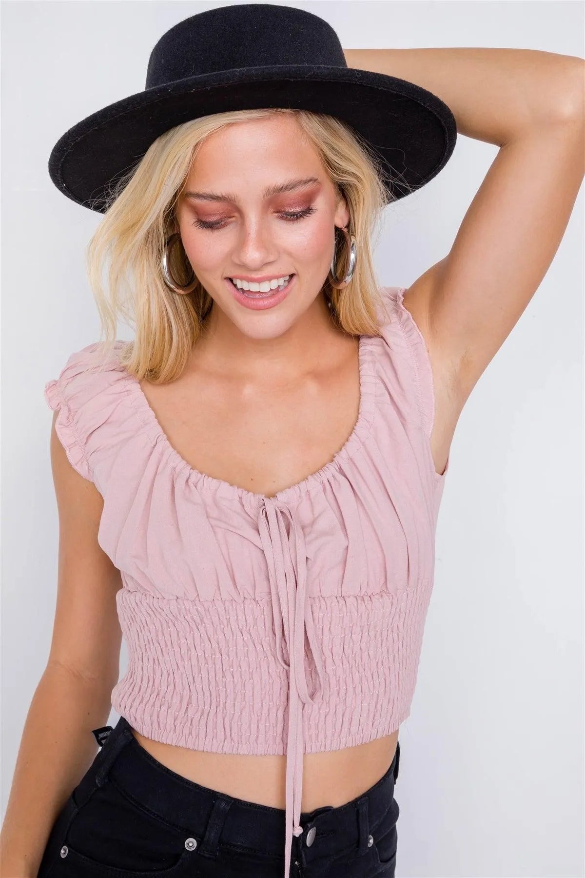 Dusty Rose Mixed Linen Smocked Off-The-Shoulder Crop Top /3-2-1 - Tasha Apparel Wholesale