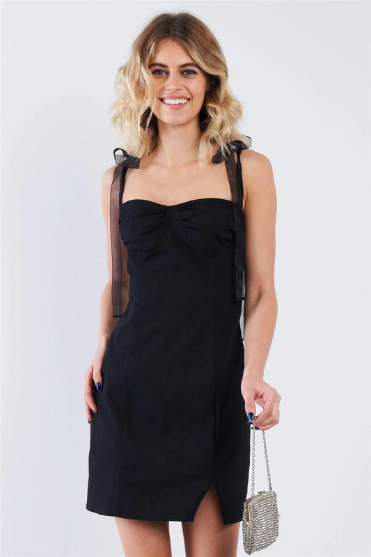 Black Sheer Self Tie Straps Sweetheart Neckline Bodycon Mini Dress - Tasha Apparel Wholesale