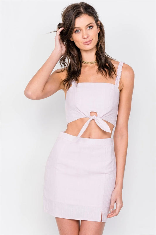 Lavender Pink Crop Front Knot & Mini Skirt Set /4-2-1 - Tasha Apparel Wholesale
