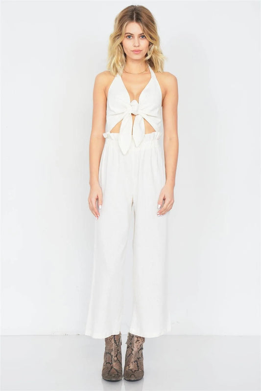 Ivory Cotton Center Cut Out Ankle Wide Leg Jumpsuit /3-2-1 - Tasha Apparel Wholesale
