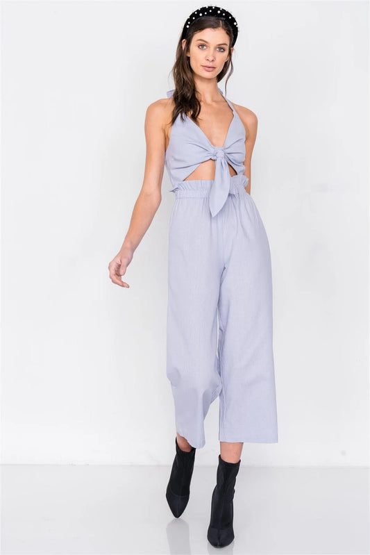 Periwinkle Cotton Center Cut Out Ankle Wide Leg Jumpsuit /4-2-1 - Tasha Apparel Wholesale