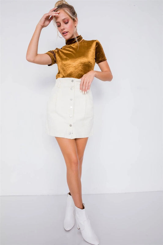 Ivory Cotton Front Button Ruffle Trim High Waist Mini Skirt /4-2-1 - Tasha Apparel Wholesale