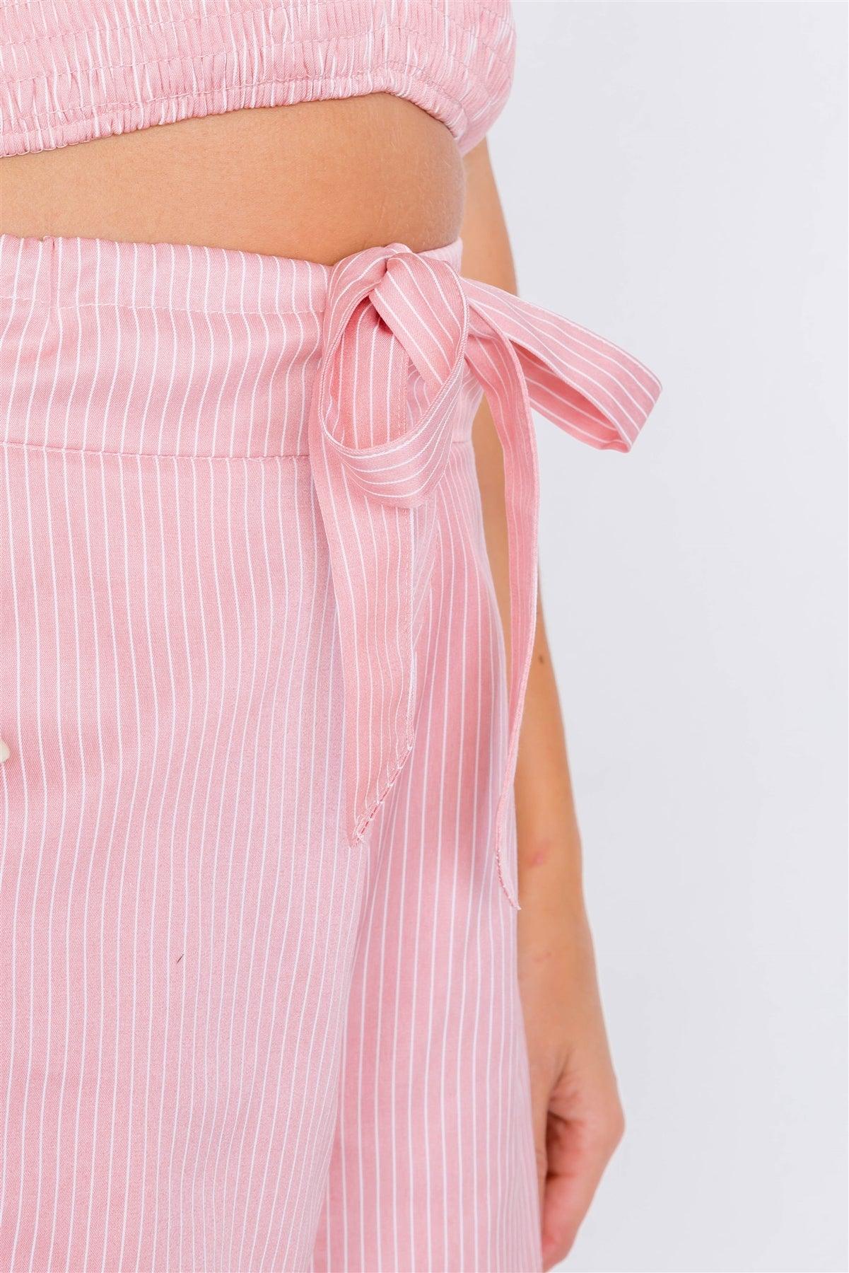 Pink Cotton Cotton Tie Dye Pinstripe Square Neck Crop Top & Mini Chic Short Set   /4-2-1