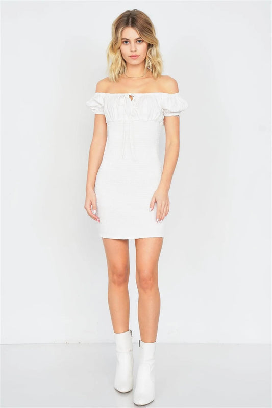 Off-White Square Neck Ruched Center Keyhole Mini Dress /3-2-1 - Tasha Apparel Wholesale