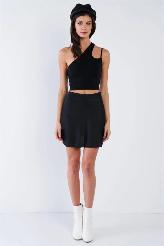 Black Silk Flare Raw Hem Solid Mini Skirt /3-2-1 - Tasha Apparel Wholesale