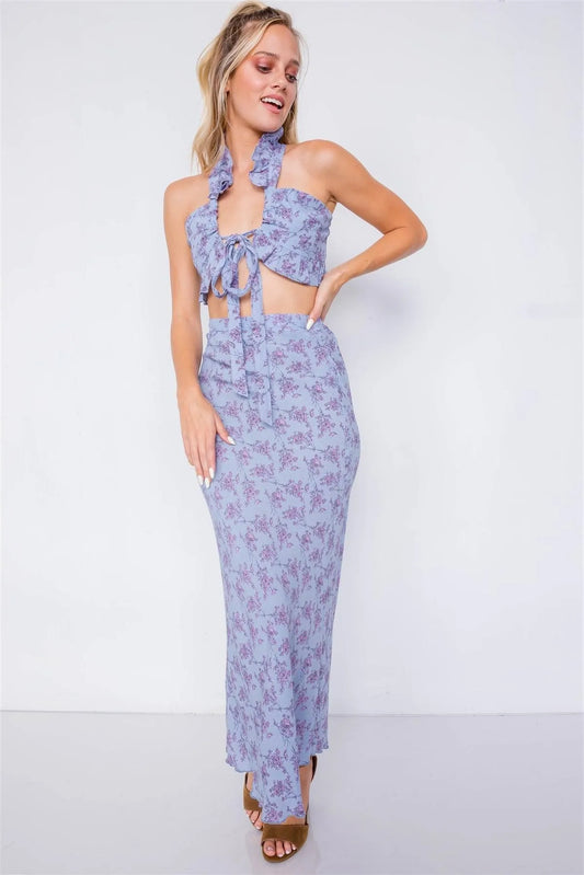 Flower Mini Boho Print Lace Up Crop Top & High-Waist Frill Trim Maxi Skirt Set /3-2-1 - Tasha Apparel Wholesale