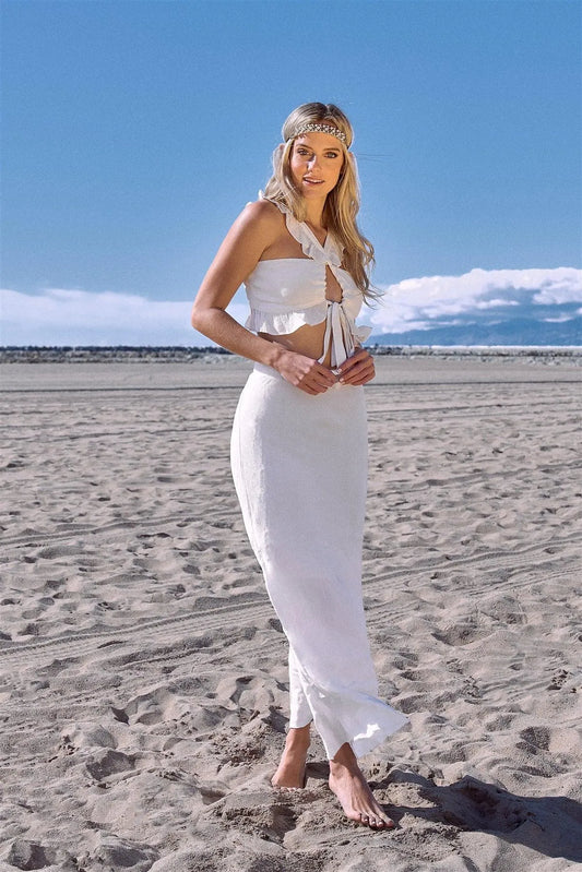 Off-White Mini Boho Lace Up Crop Top & High-Waist Frill Trim Maxi Skirt Set /3-2-1 - Tasha Apparel Wholesale