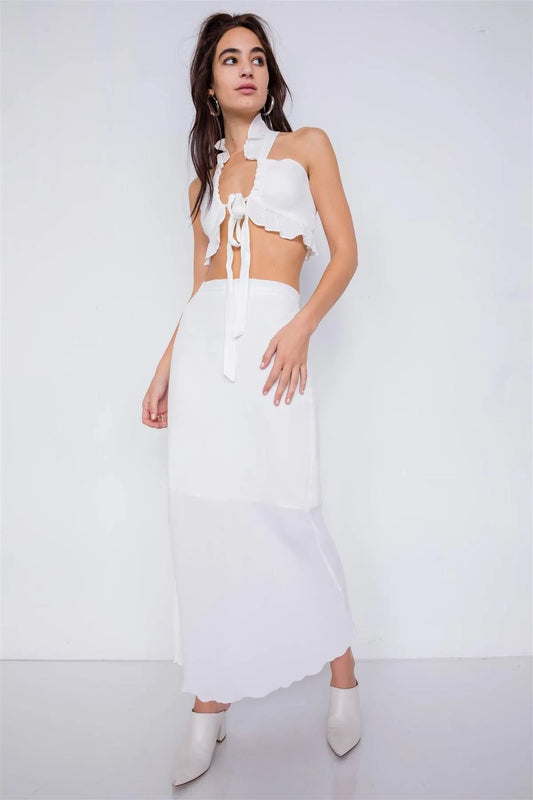 Off-White Mini Boho Lace Up Crop Top & High-Waist Frill Trim Maxi Skirt Set /4-2-1 - Tasha Apparel Wholesale