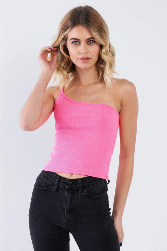 Sleeveless Neon Pink One Shoulder Rib Knit Top - Tasha Apparel Wholesale