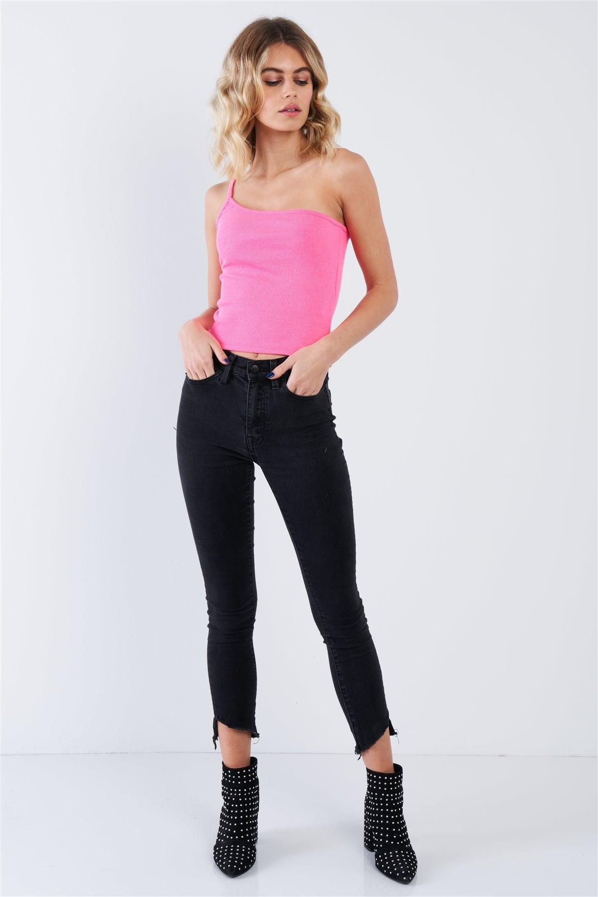 Sleeveless Neon Pink One Shoulder Rib Knit Top