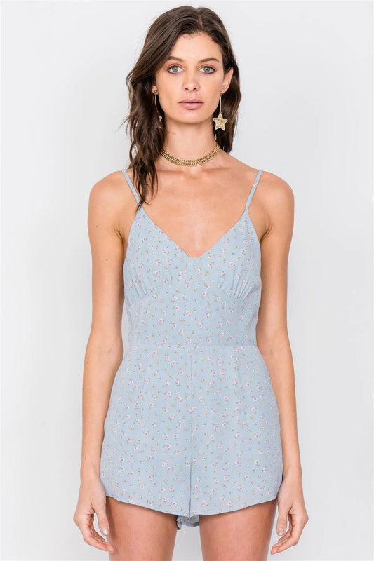 Sky Blue Boho Floral Mini Chic Casual Romper /3-2-1 - Tasha Apparel Wholesale