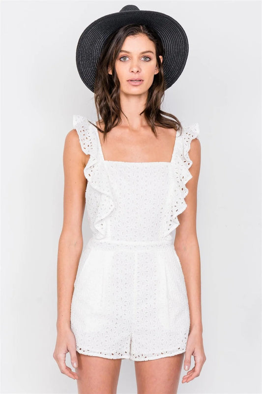 Off-White Eyelet Mini Short Romper /3-2-1 - Tasha Apparel Wholesale
