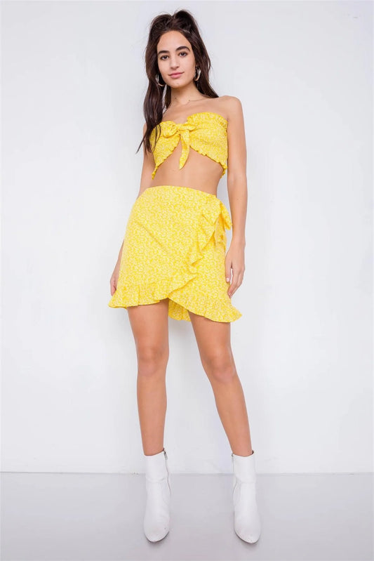 Yellow Boho White Floral Print Bandeau Mini Wrap Skirt Set /3-2-1 - Tasha Apparel Wholesale
