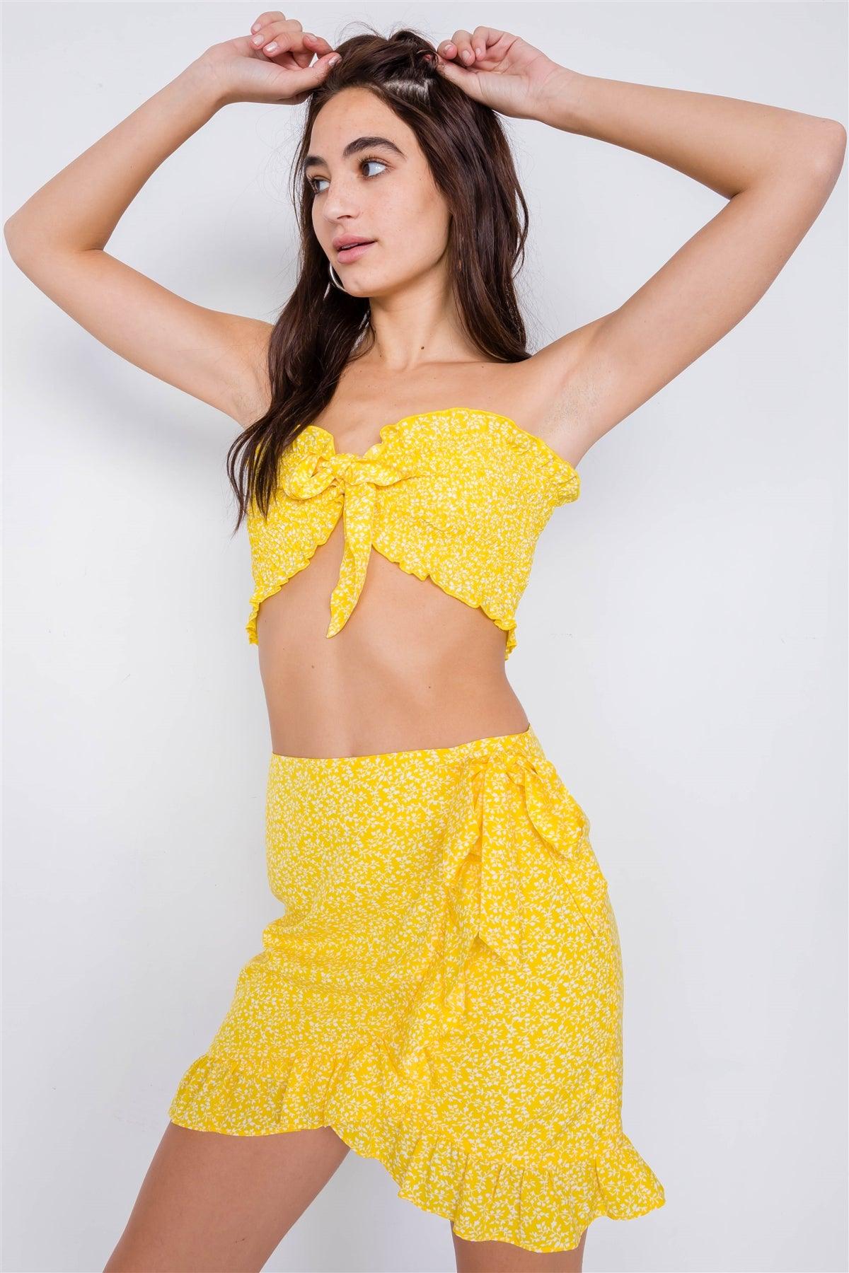 Yellow Boho White Floral Print Bandeau Mini Wrap Skirt Set  /4-2-1