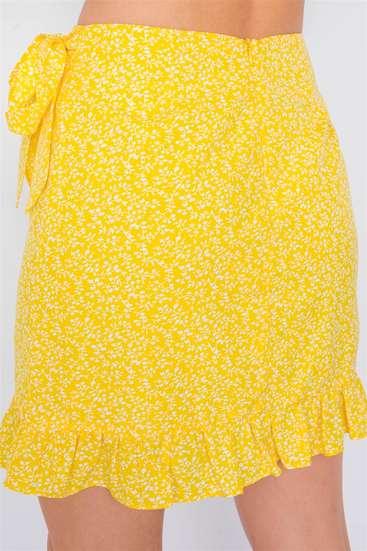 Yellow Boho White Floral Print Bandeau Mini Wrap Skirt Set  /4-2-1